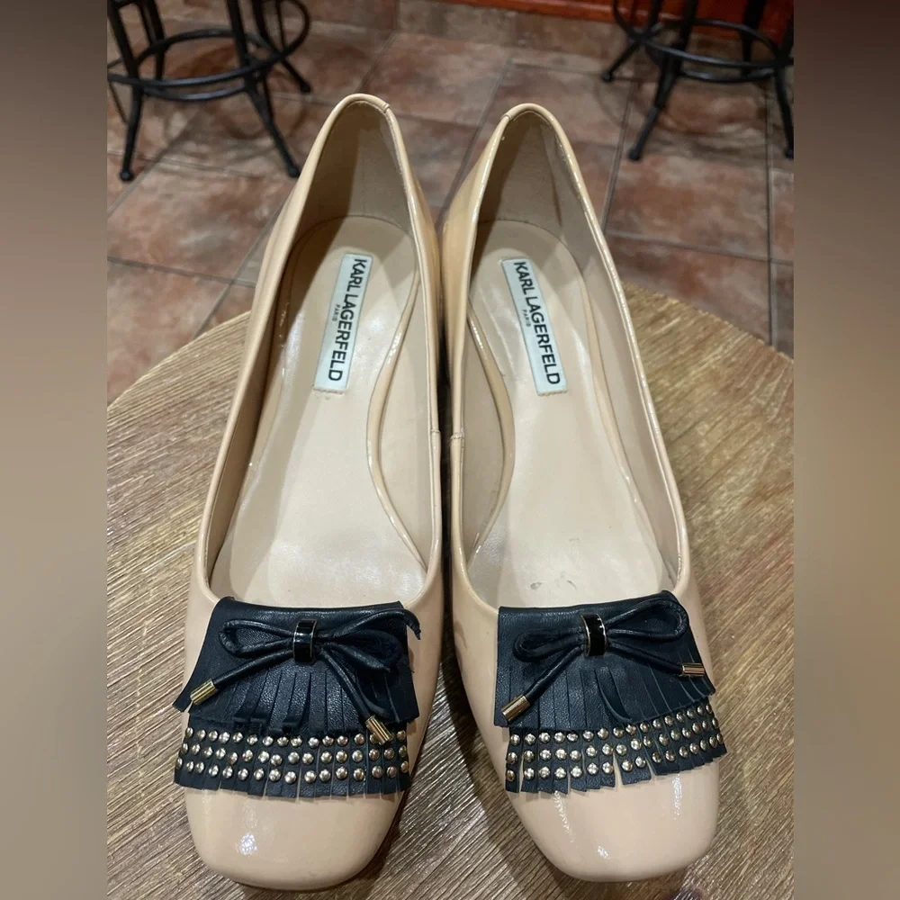 Karl Lagerfeld Nude Beige Block Heel Pumps with Black Fringe Accent